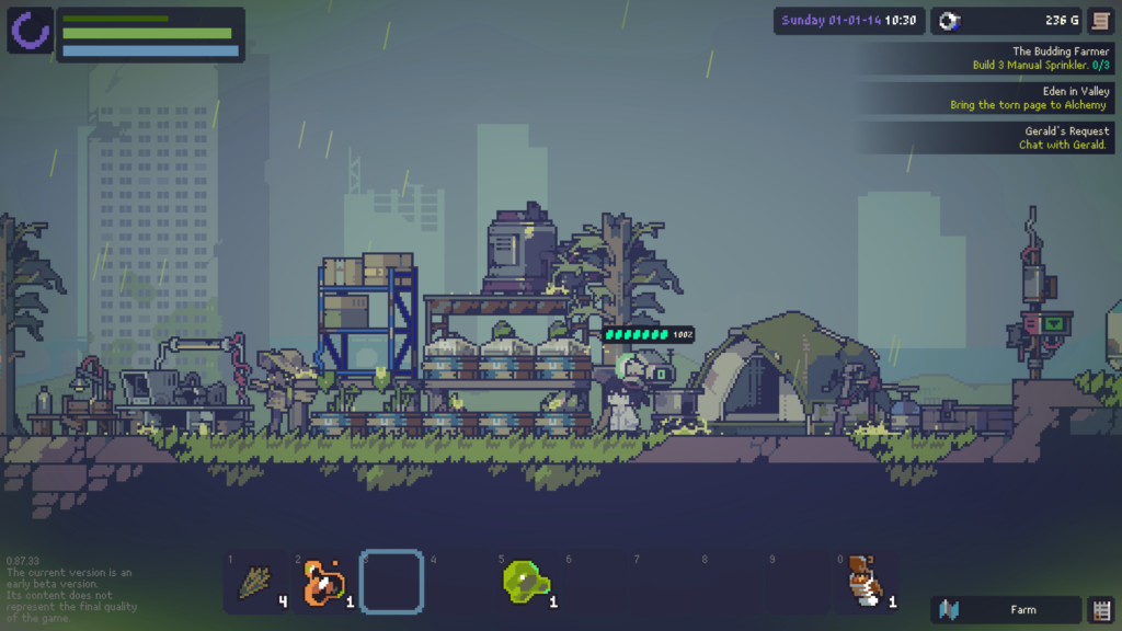 main character stands in front of shelf with boxed planters on it and a tent to the right of it in pixel art style
