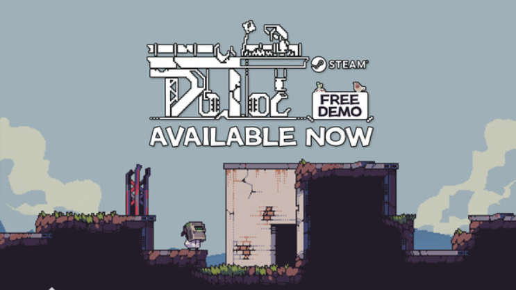 DOLOC Town AVAILABLE NOW text against a desaturated blue sky with various clouds, a rundown building in the foregound and the main character standing to the left of it wearing a welding mask down.