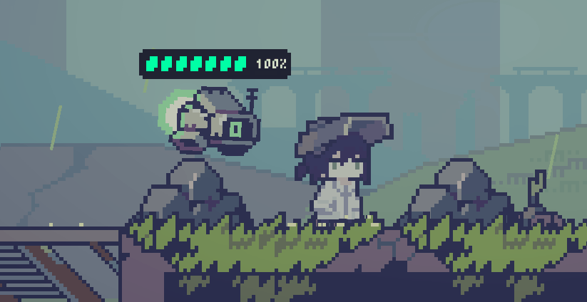 Doloc town main character animated gif breaking a rock with a copper pickaxe while a drone flies overhead. Rocks and dirt are seen emitting from the boulder when it is broken. There is acid rain splashing on the ground.