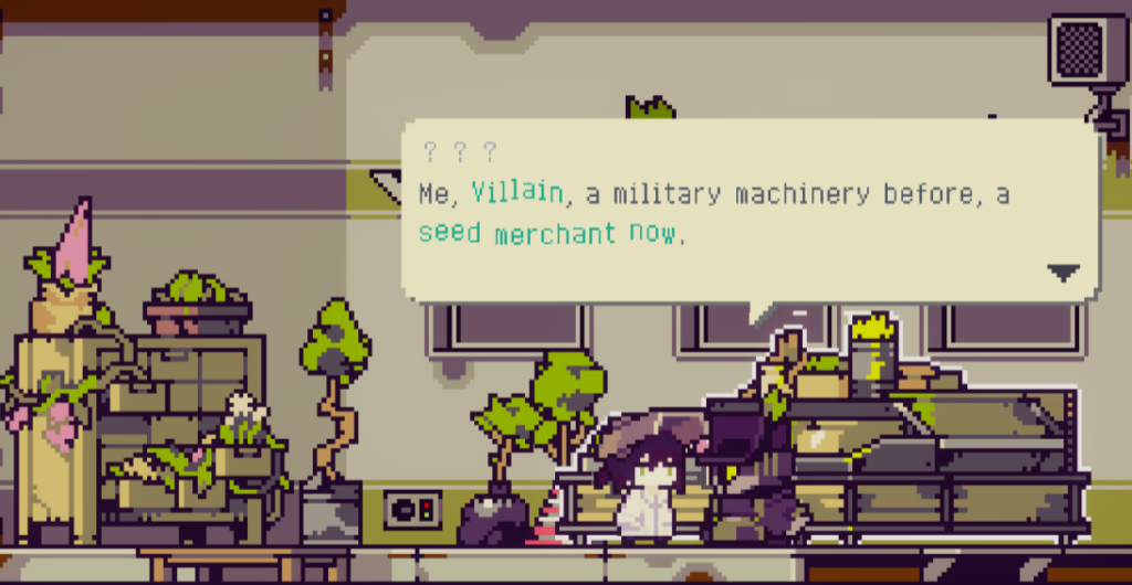 Pixel art screenshot of various colorful plants emerging from a library drawer, the main doloc town character in the middle, and a dark square figure speaking to them. A speech bubble appears overhead which reads "Me, Villain, a military machinery before, a seed merchant now."