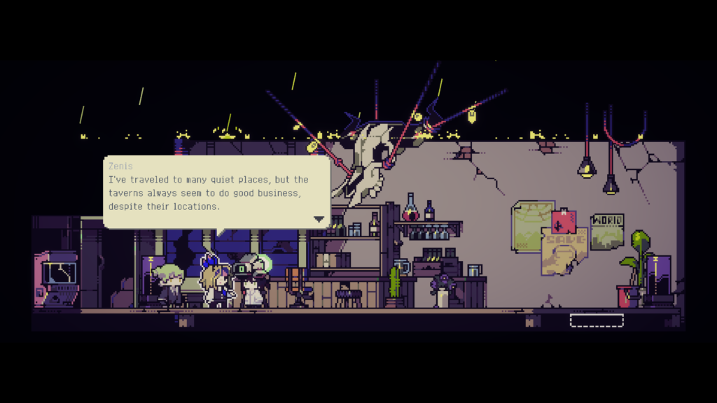 "Zenis: I've traveled to many quiet places, but the taverns always seem to do good business, despite their locations," pixel art screenshot of dialogue between the main character and a character named Zenis, who has long blonde hair and blue feathers sticking up behind their head. Another character stands behind them with a long black cloak and desaturated green hair. The backdrop is a tavern with various bottles and glasses hanging, and some kind of device and plants to the far right. A giant skull hangs from the ceiling suspended by wires.
